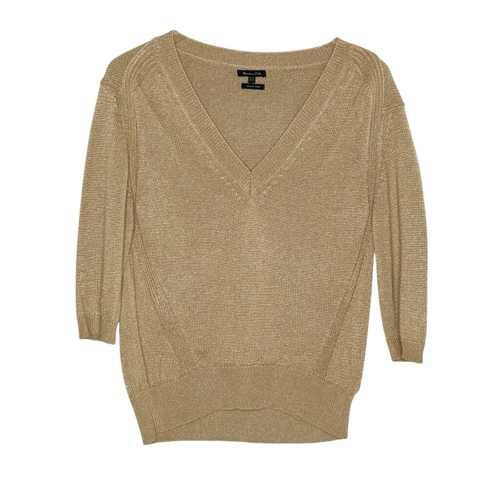 Massimo Dutti Gold Metallic V Neck Sweater XS 3/4 Sleeves Night Out Holiday